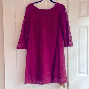 Burgundy lace dress; except for arms it is lined. Looks great with heels.